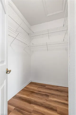 Walk in closet with light wood-style floors