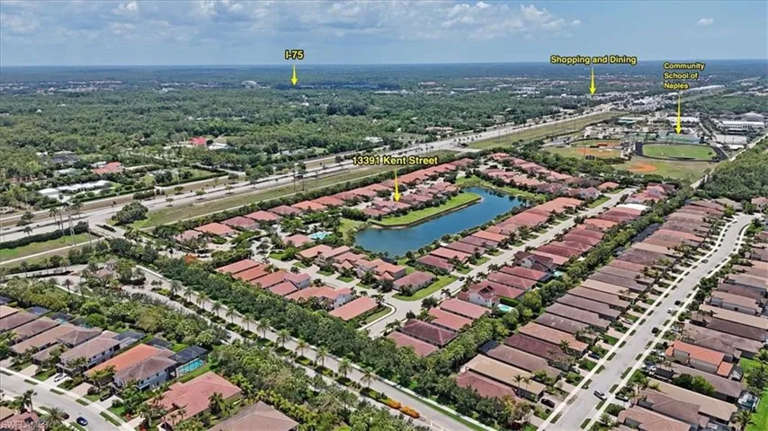 Community Aerial view with nearby schools, shopping, dining and I-75