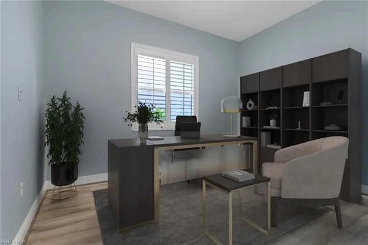 Virtually Staged Office area with light wood-style floors