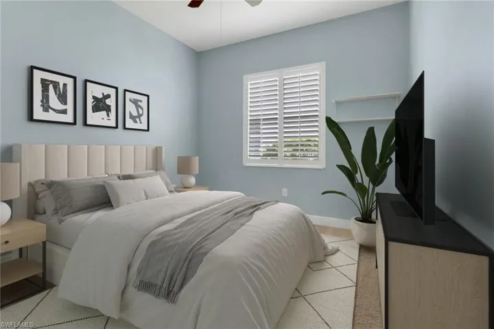 Virtually Staged Bedroom with baseboards and a ceiling fan