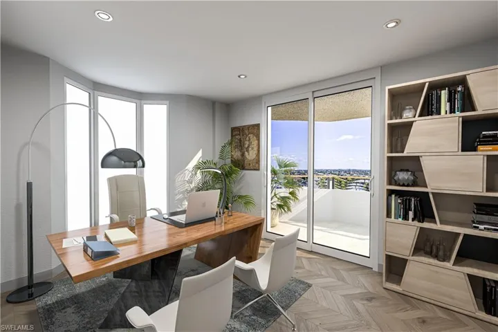 Home office featuring parquet floors and recessed lighting