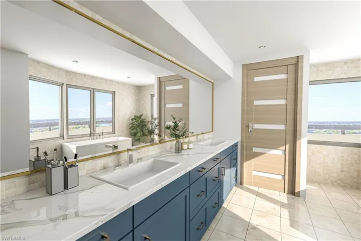 Full bathroom with a soaking tub, double vanity, and light tile patterned flooring