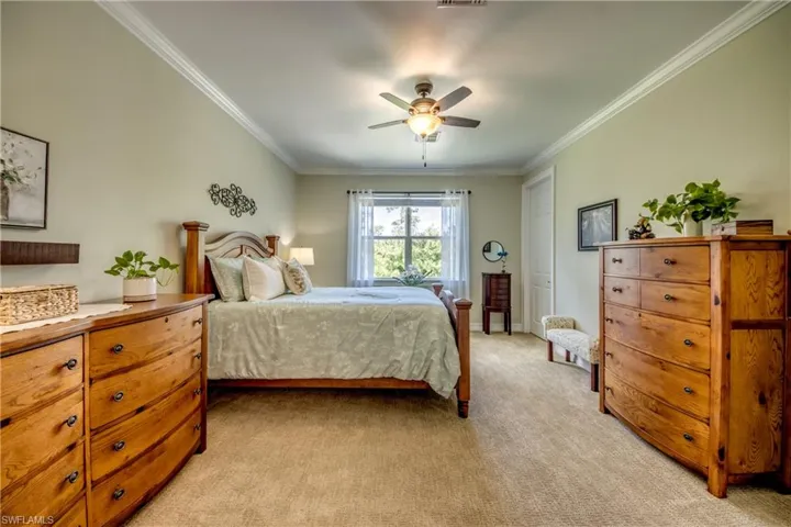 Carpeted bedroom featuring ornamental molding and ceiling fan