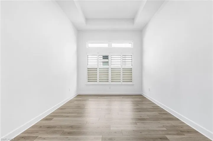Spare room featuring a tray ceiling and light wood finished floors