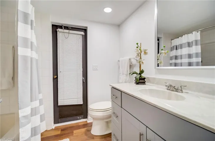 Guest Bathroom featuring vanity, toilet, and wood-type flooring