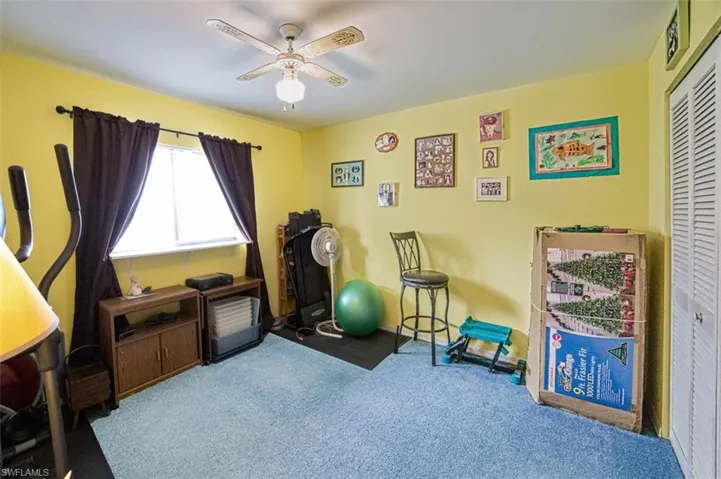 Workout room with carpet flooring and ceiling fan