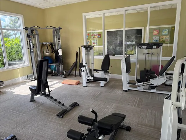 Exercise room with carpet and baseboards