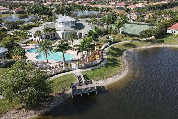 Birds eye view of property with a water view and a residential view