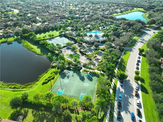 Bird's eye view of a large body of water and a pool