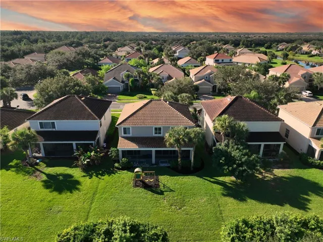 Aerial view at dusk of a residential view