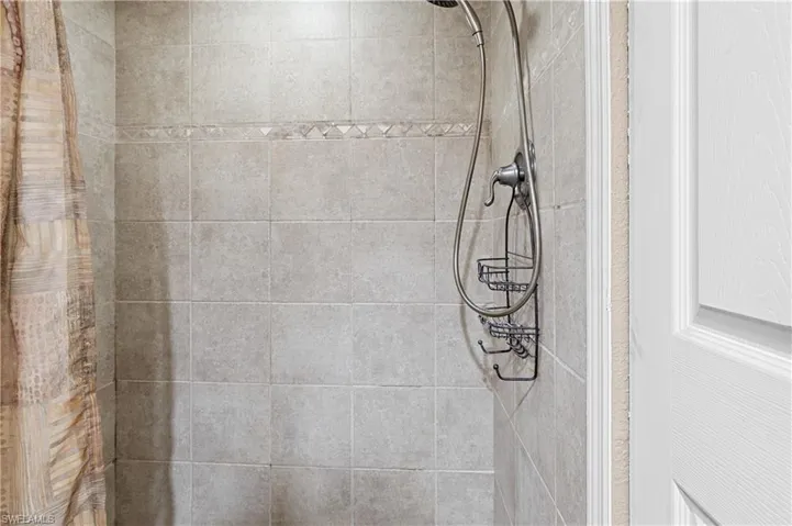 Bathroom view of a tile shower