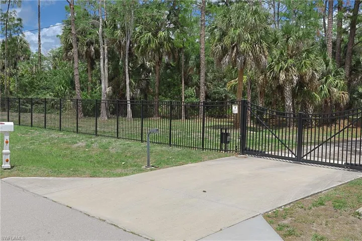 Black wrought iron fence and gate enclosing a concrete driveway with a natural treeline backdrop