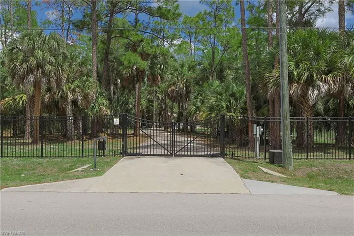 Gated entry featuring a paved driveway, black metal fencing, and mature trees
