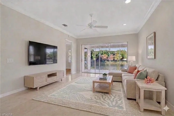 AI ENHANCED PHOTO. This photo shows one possible layout for the Living Room. Add two comfortable chairs with a small "drinks" table.
