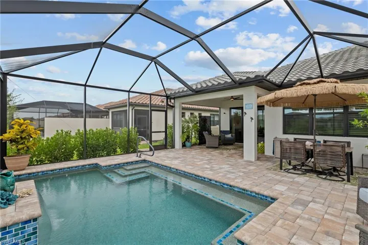 Swimming pool and patio with dining area