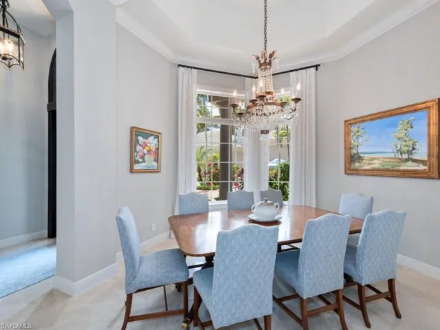 Formal dining space featuring a chandelier and ornamental molding