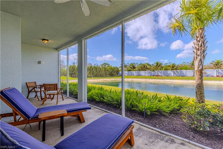 Patio w/ water view & ceiling fan