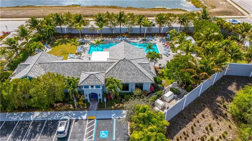 Aerial view of community club house & pool