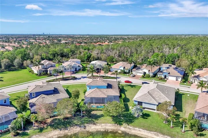 Birds eye view of property with a residential view and a view of trees