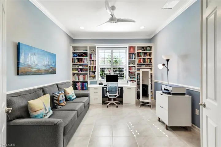 Home office featuring recessed lighting, ceiling fan, ornamental molding, and light tile patterned flooring