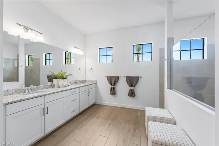 Bathroom with a healthy amount of sunlight, double sink vanity, and hardwood / wood-style floors