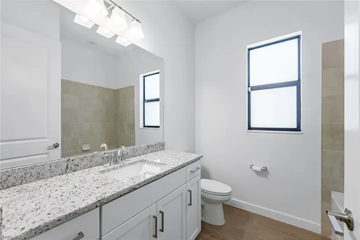 Bathroom with plenty of natural light, hardwood / wood-style floors, toilet, and vanity