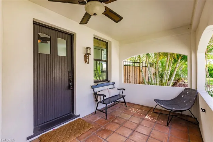 View of patio featuring ceiling fan