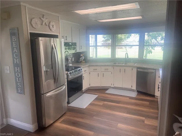 Kitchen featuring wood-finish flooring, white cabinetry with dark hardware, stainless steel appliances, and a double basin sink