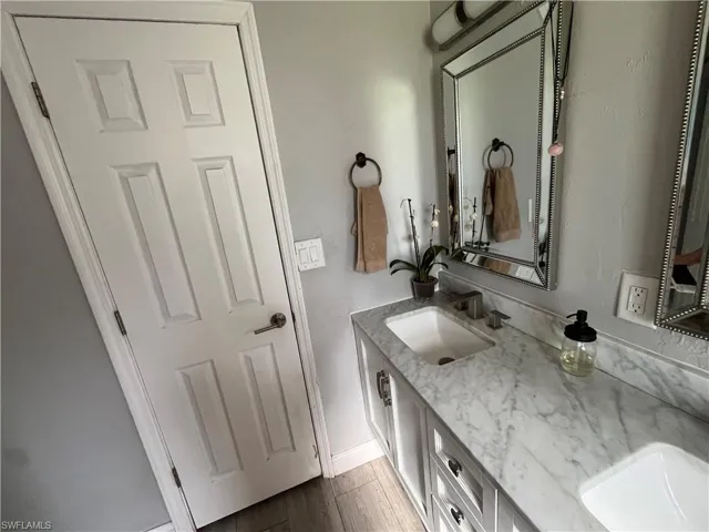 Bathroom featuring double vanity and dark wood-type flooring