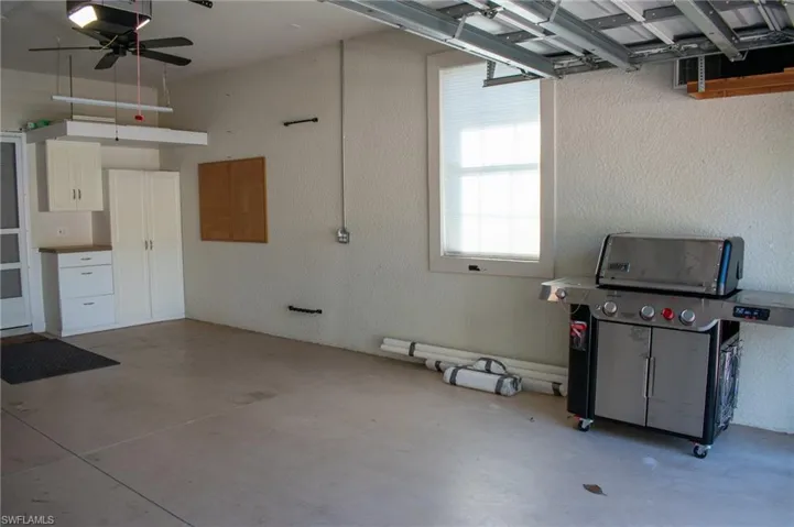 Garage with ceiling fan