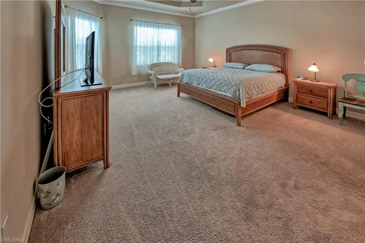 Bedroom featuring ceiling fan, a raised ceiling, carpet floors, and ornamental molding