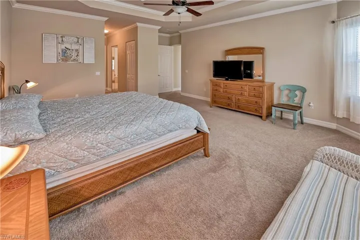 Carpeted bedroom featuring ceiling fan, a raised ceiling, ornamental molding, and a closet