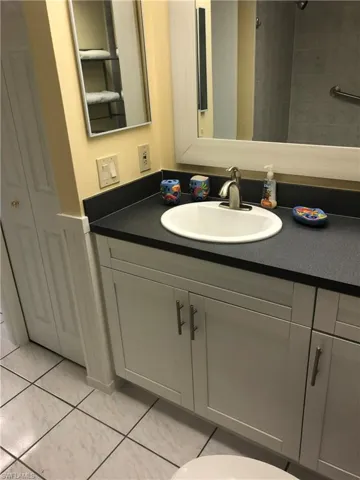 Full bathroom with vanity and a closet