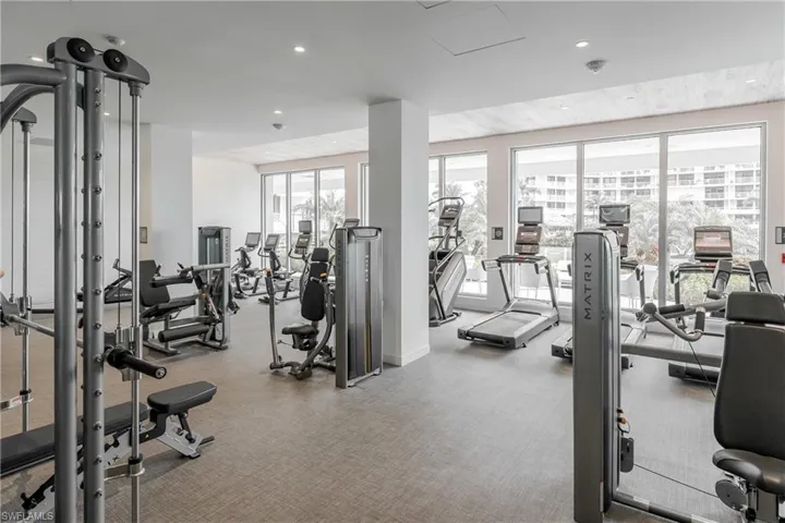 Exercise room with carpet floors