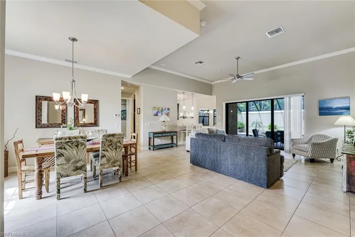 View of formal dining room, great room and kitchen