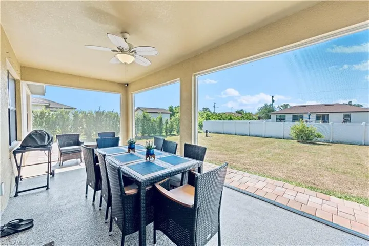 View of patio / terrace featuring a fenced backyard, ceiling fan, and outdoor dining area