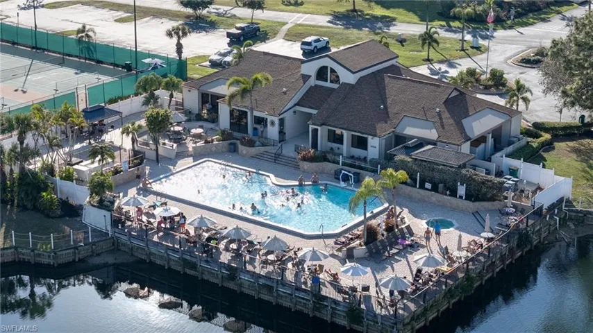 View from above of property featuring a pool