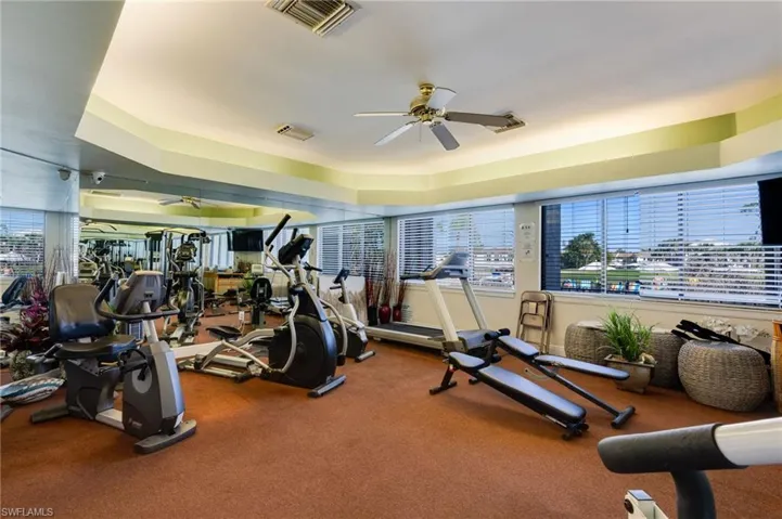 Workout area with ceiling fan