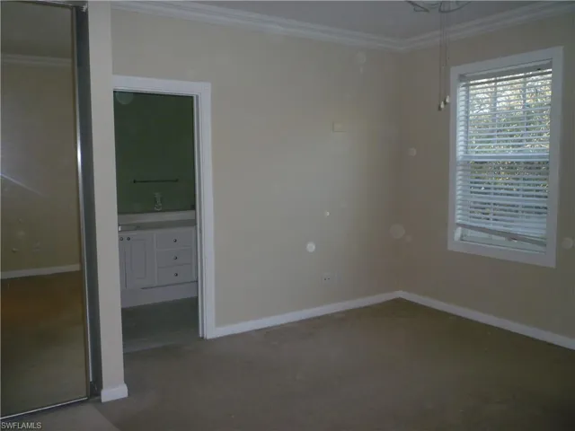 Unfurnished master bedroom featuring ornamental molding, carpet, walk-in closet and ensuite.