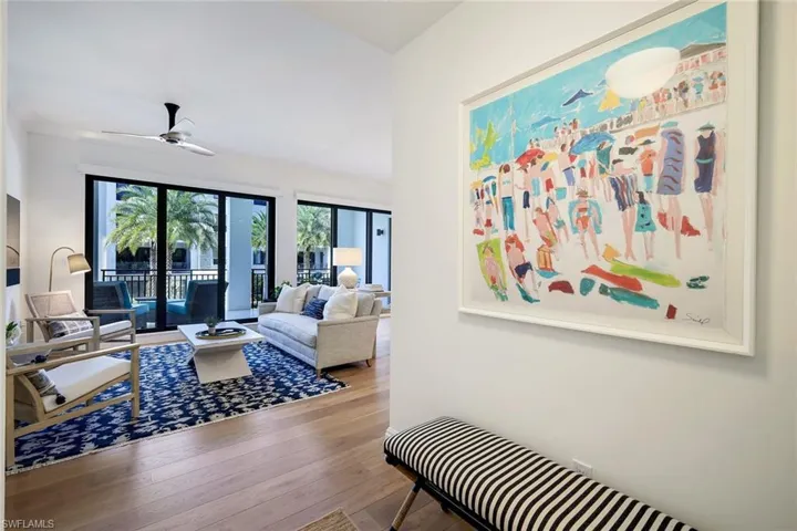 Foyer entry into living/great room featuring lovely views of courtyard & gardens
