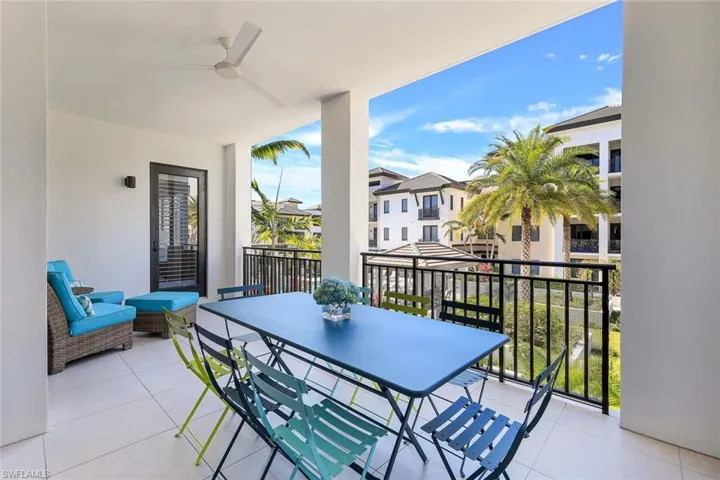 Large west-facing balcony with peaceful courtyard views