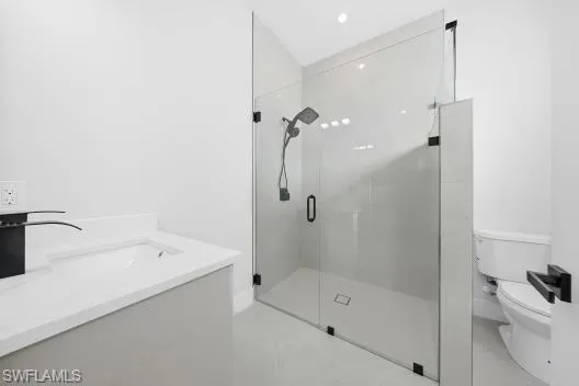 Full bath featuring vanity and a shower stall