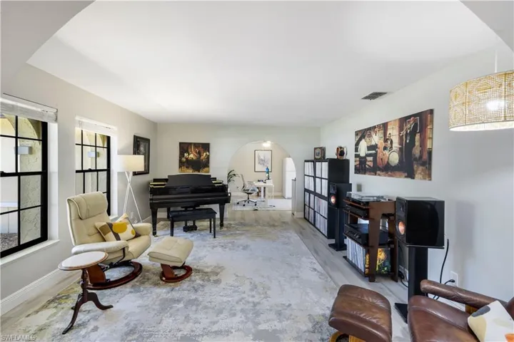 Formal living room, currently set up as a music room.