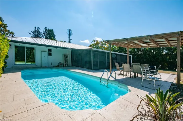 View of pool featuring patio surround and outdoor dining space