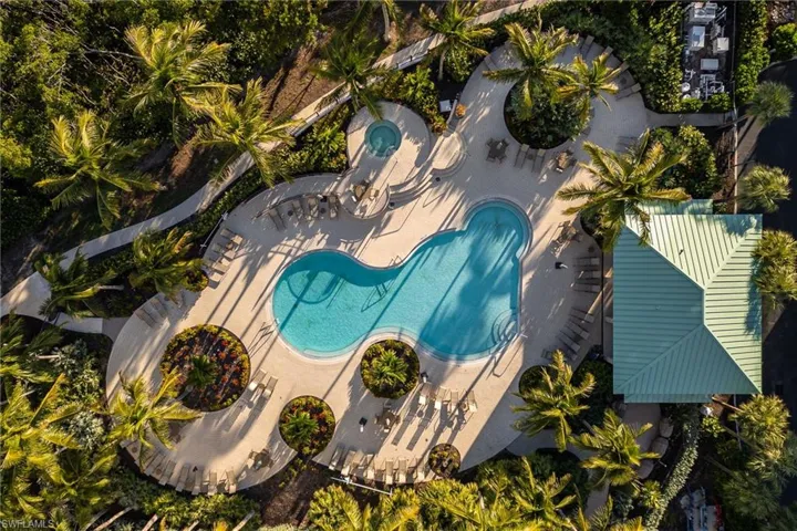 Aerial overview of property's location with a pool area