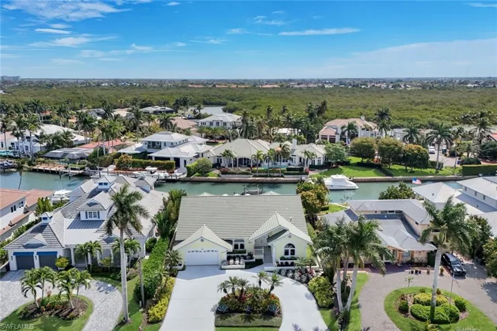 Aerial perspective of suburban area featuring a nearby body of water
