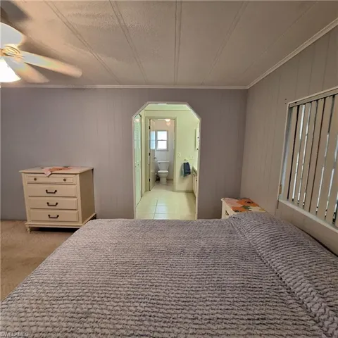 Carpeted bedroom with ornamental molding, ceiling fan, and ensuite bathroom