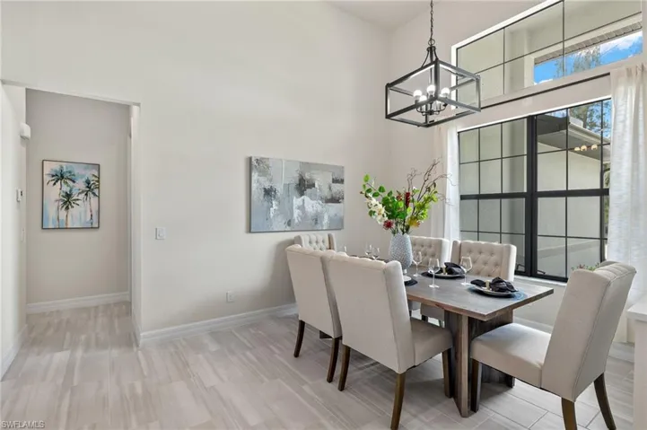 Dining space with a notable chandelier