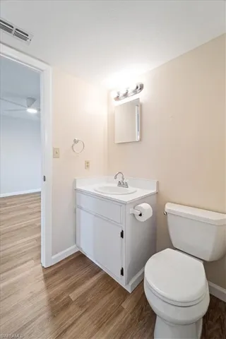 Bathroom featuring vanity, toilet, and wood-type flooring