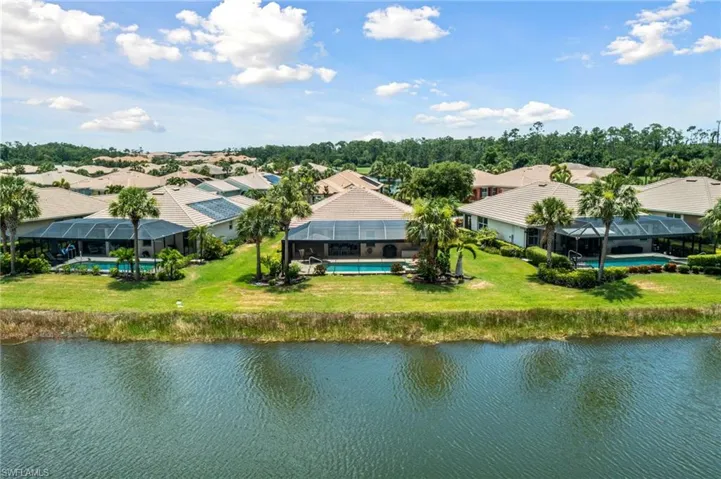 Birds eye view of property with a water view